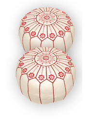 Set of 2 leather poufs ivory & red - 183 €