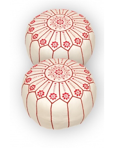 Set of 2 leather poufs ivory & red - 183 €