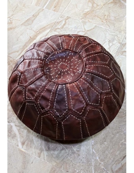Brown handmade leather pouf with stitches - 147 €