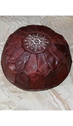 Brown handmade leather pouf with emboidery - 147 €