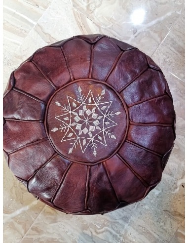 Brown handmade leather pouf with emboidery - 147 €